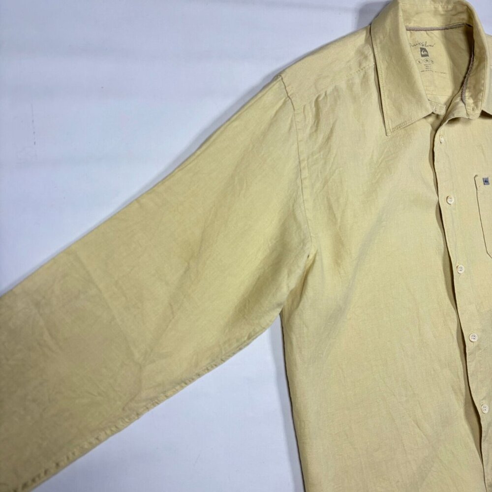 Quiksilver Men's Large 100% Linen Long Sleeve Button Up Shirt Yellow Surf Beach - Picture 5 of 6